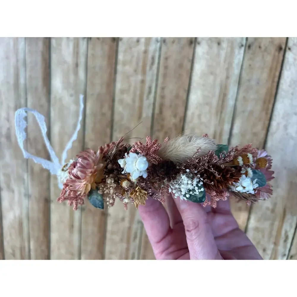 Coral/ Burgundy Floral Halo Crown Adjustable Tie Back Toddler Size NEW